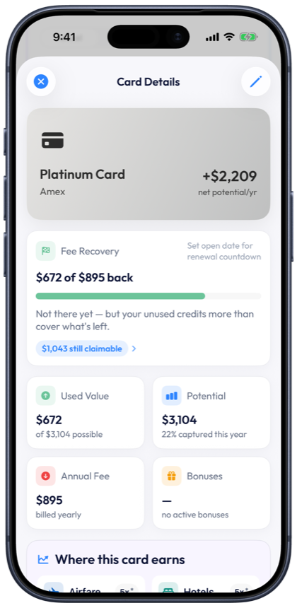 A Platinum Card in Credit Buddy showing $672 of $895 recovered and $1,043 still claimable.