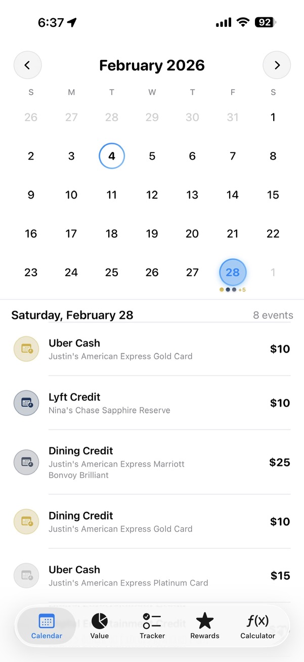 Benefits calendar screen