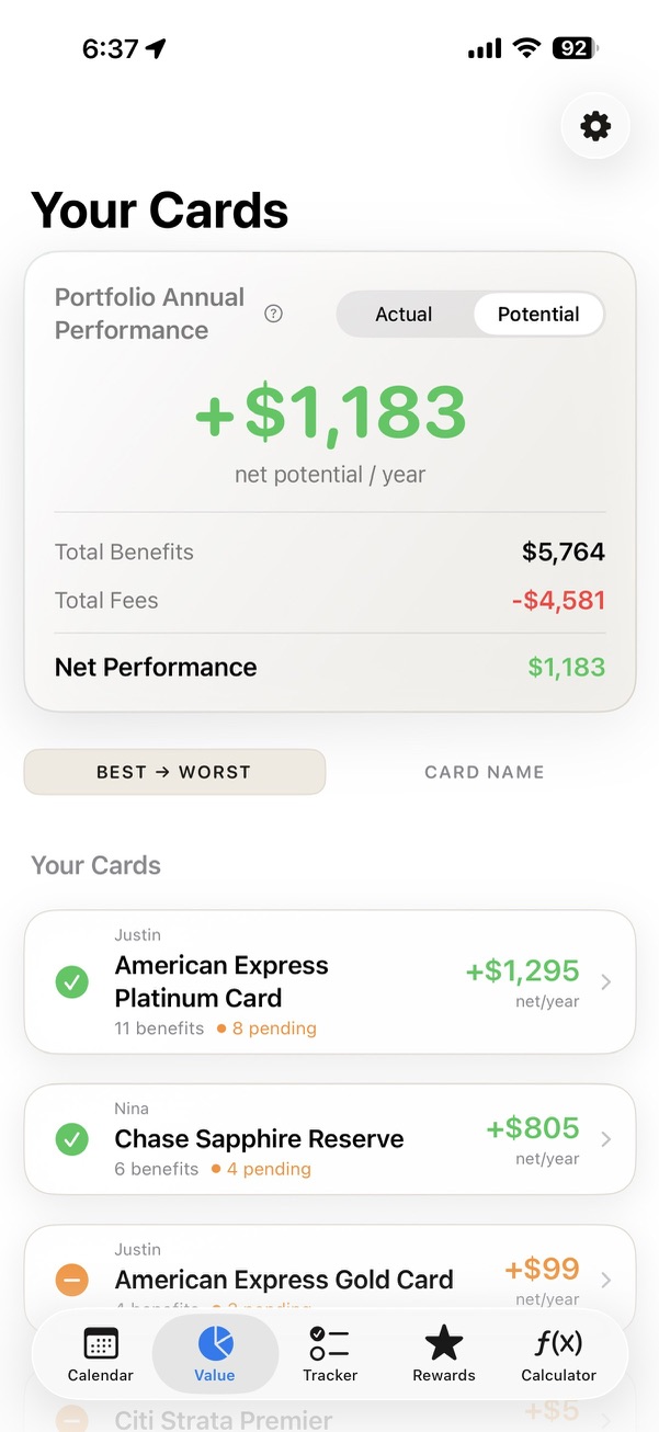 Card value analysis screen